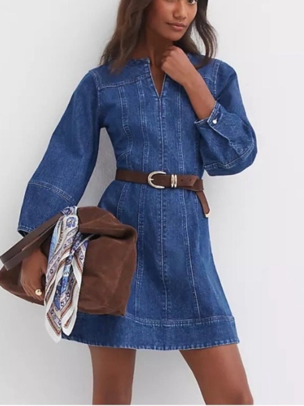 LOFT Denim Mini Dress Size 4 Barrel Sleeve Western Chic Cottagecore - Picture 2 of 12